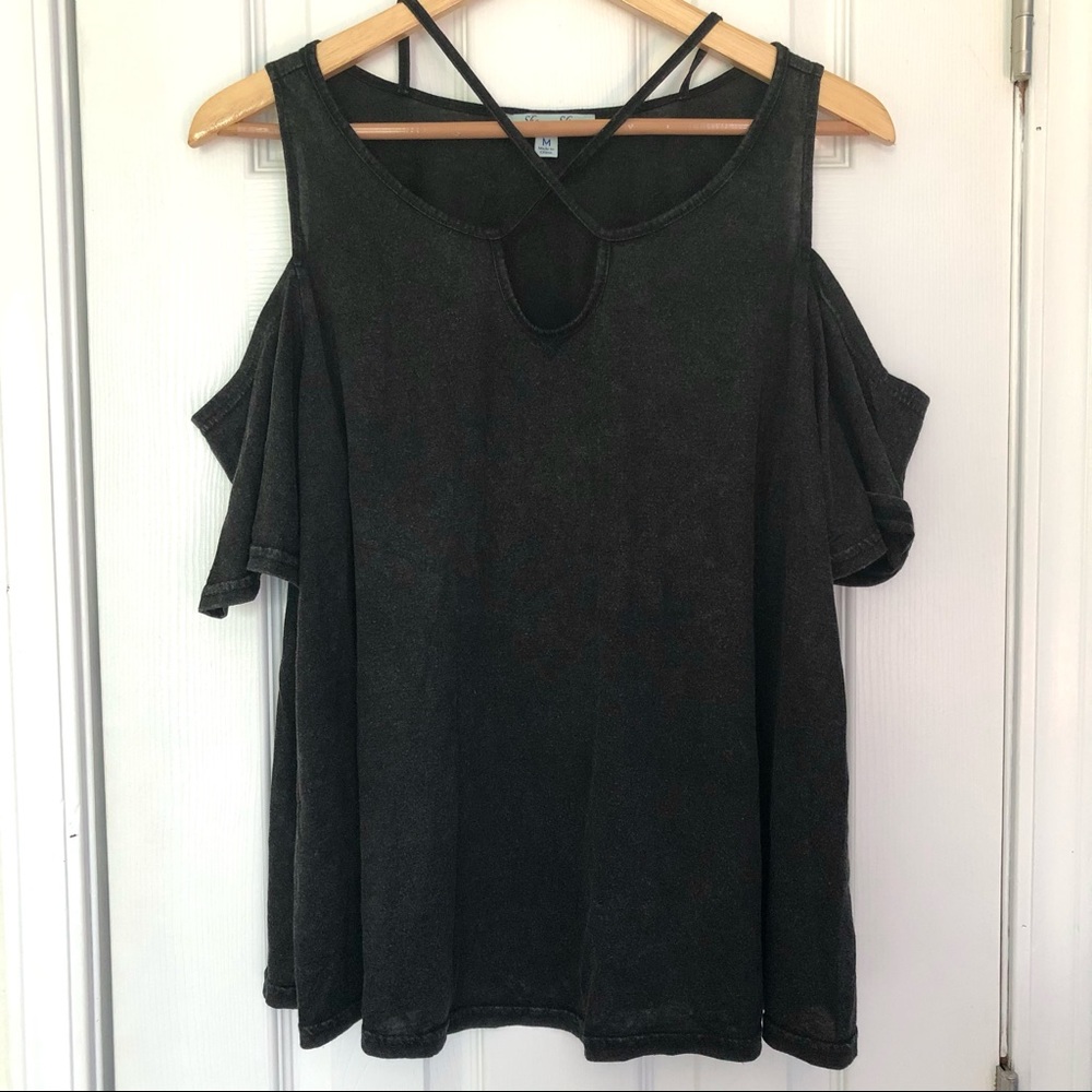 Faded black burnout cutout shoulder tee